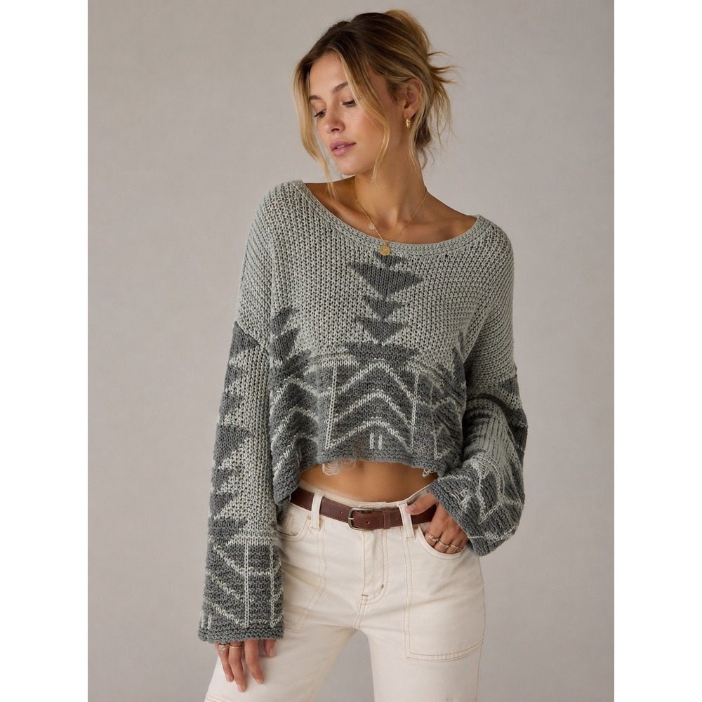 Free People Southwestern Cropped Knit Sweater Grey Green Geometric XS